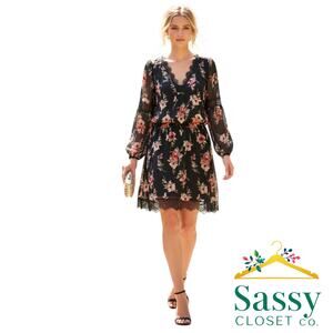 White House Black Market Floral Lace Dress 14 Cocktail Romantic Sheer Blouson